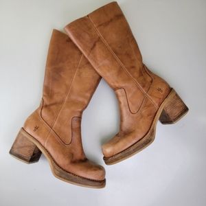 Frye Villager Boots Tan Zip Up Chunky Heel 12R